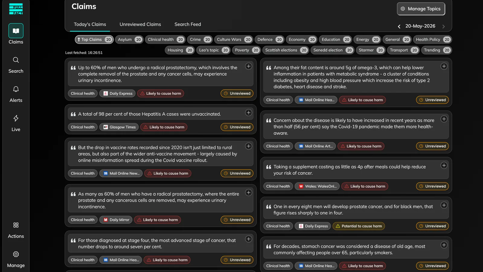 Full Fact AI claims dashboard