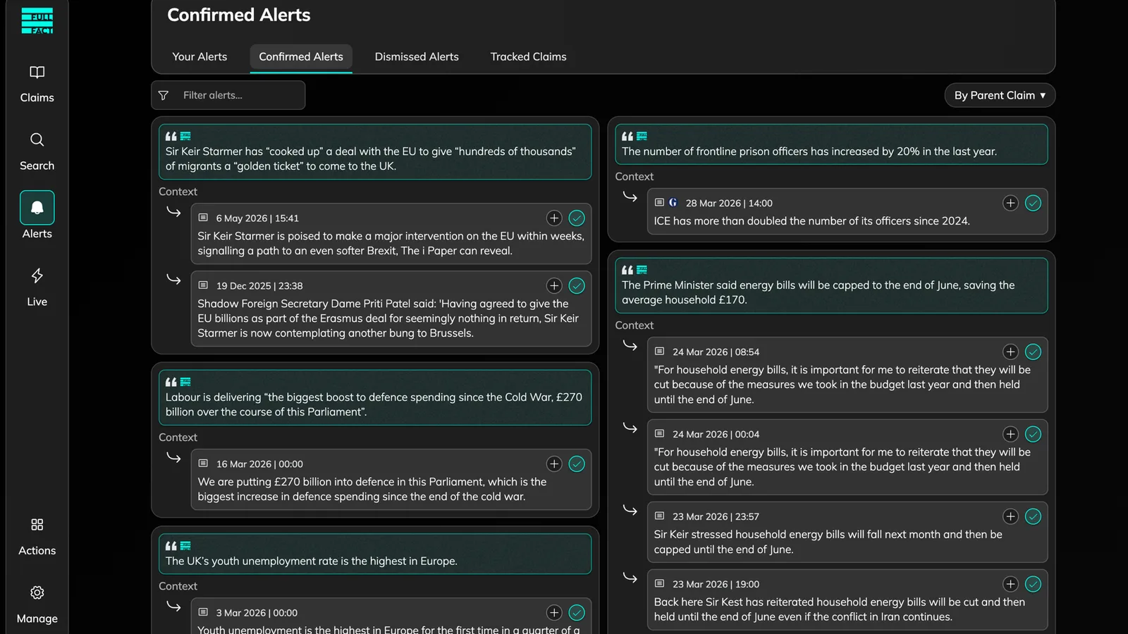 Review alerts panel showing confirmed and dismissed matches