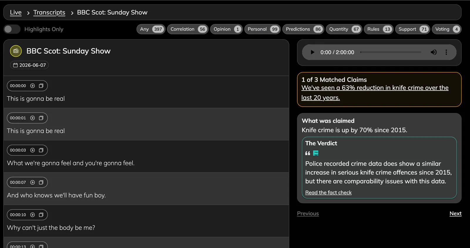 Live transcript view with matched claims and verdict panel