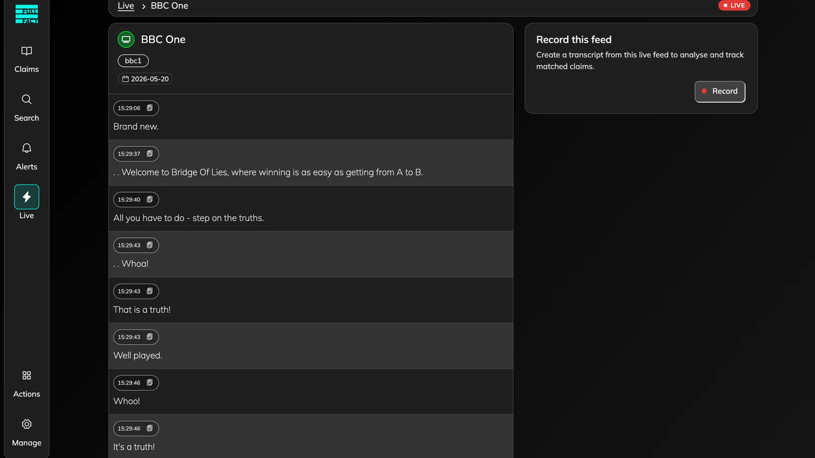 Live feed real-time transcription