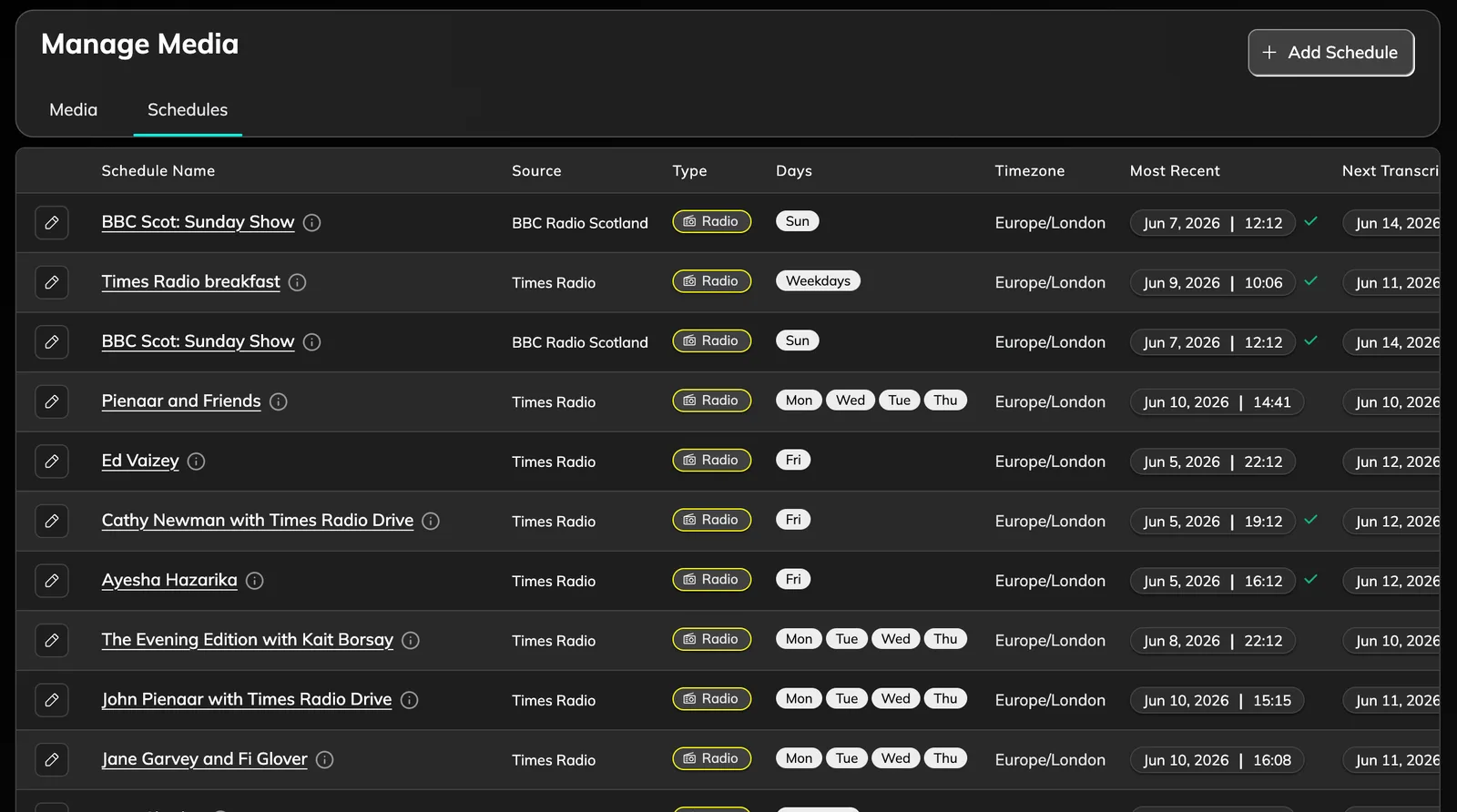 Manage Media schedules view showing recurring radio transcriptions