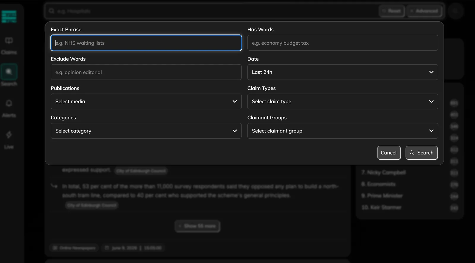 Search filter options