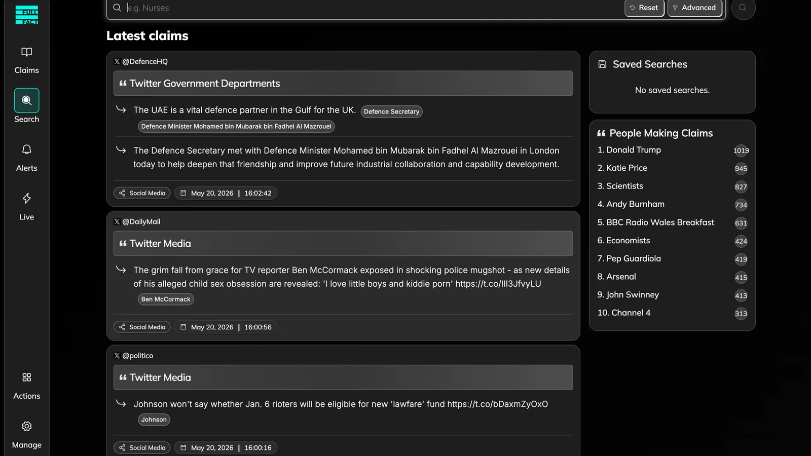 Search results showing latest claims by article